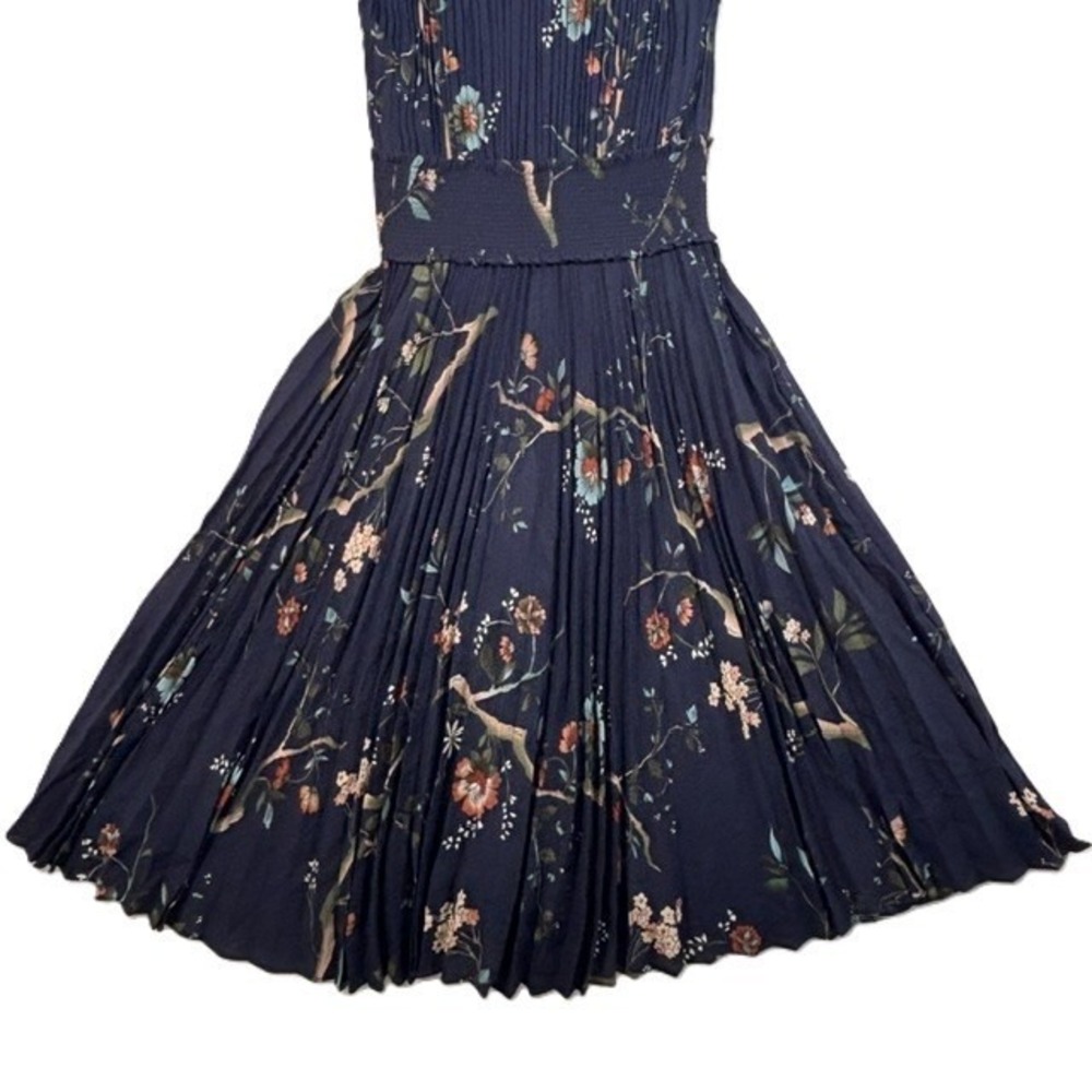 Nanette Lepore Pleated Midi Dress Women 6 Navy Blue Floral Smocked Waist - Picture 3 of 15